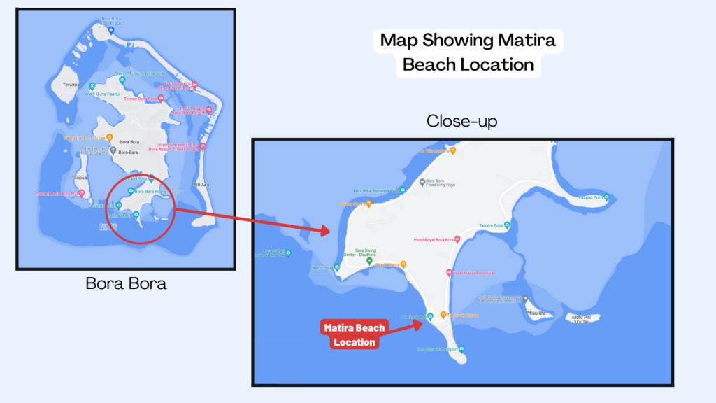 Map showing Matira Beach location in Bora Bora.