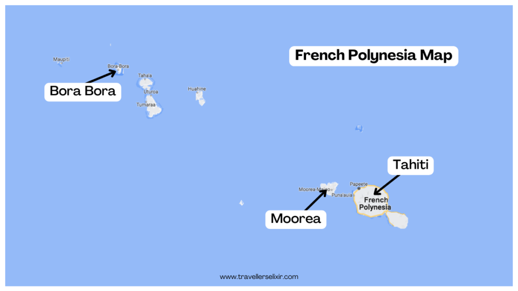 Map showing location of Bora Bora, Tahiti and Moorea.