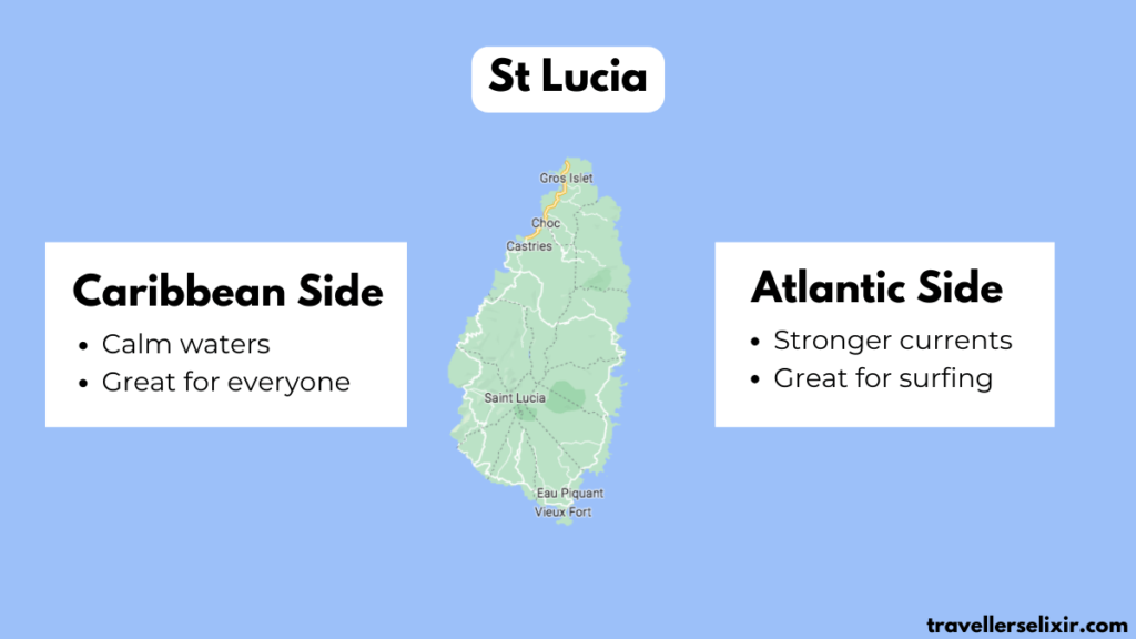 Map showing the Caribbean and Atlantic side of St Lucia.