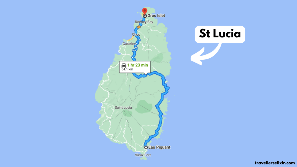 Map showing how long it takes to get from one end of St Lucia to the other.