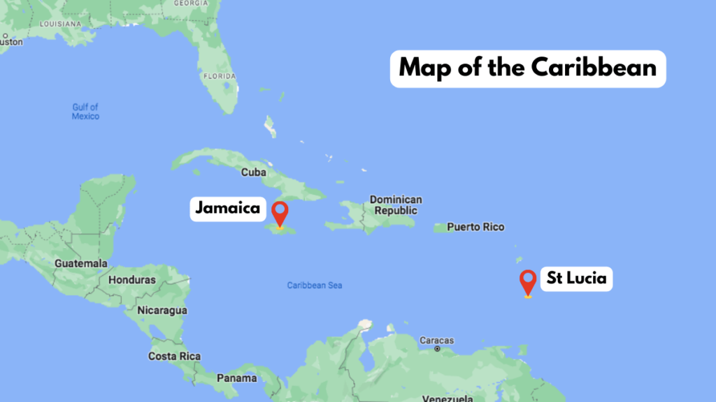 Map of the Caribbean showing the locations of Jamaica and St Lucia.