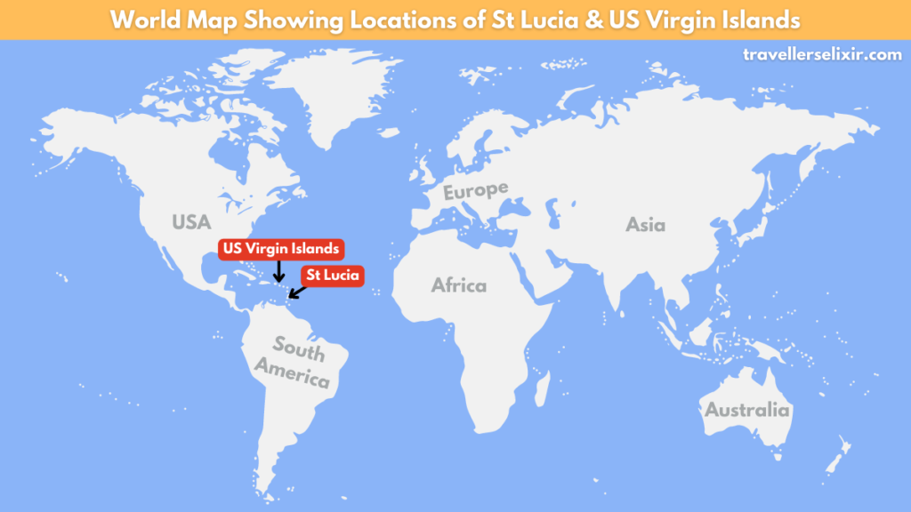 World map showing location of St Lucia and the US Virgin Islands.