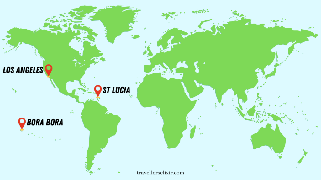 Map showing locations of Bora Bora and St Lucia.