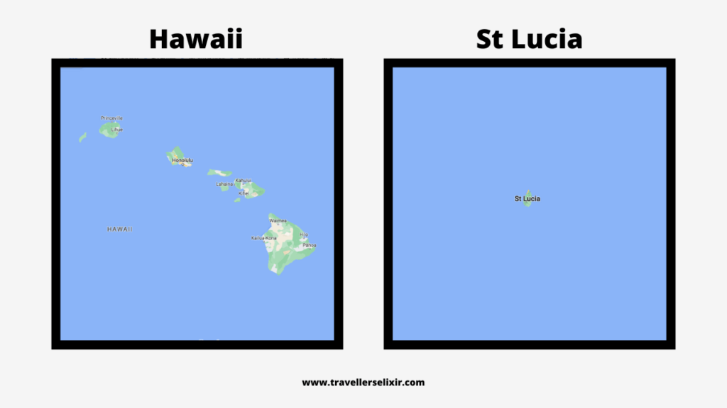 Map of Hawaii and St Lucia highlighting size difference.