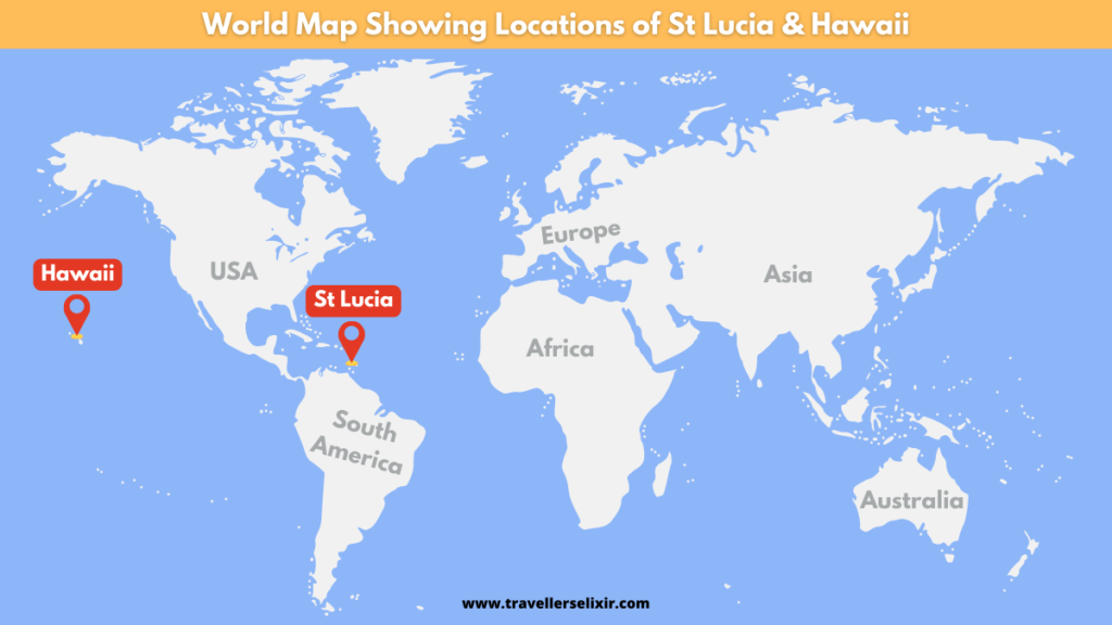 Map showing locations of Hawaii and St Lucia.
