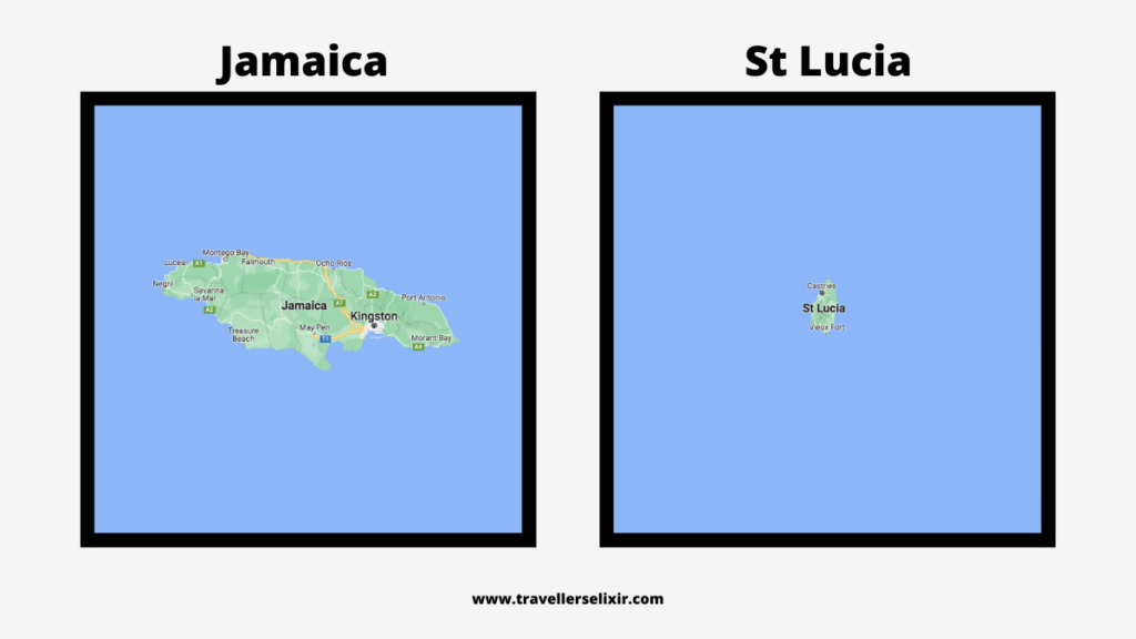 Map of Jamaica and St Lucia highlighting size difference.