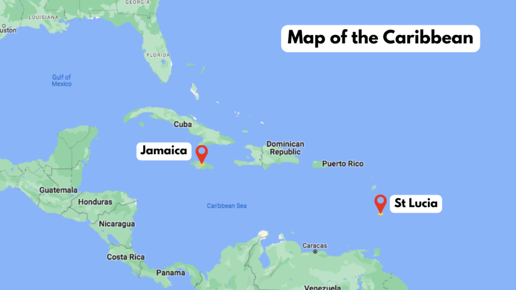 Map of Jamaica and St Lucia.