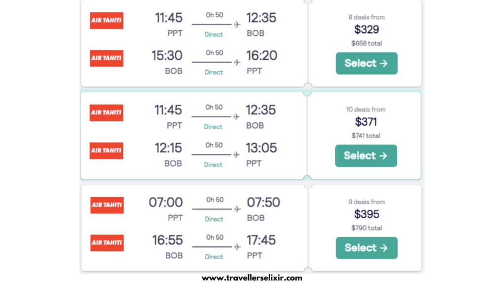 Image showing average prices of a return flight from Tahiti to Bora Bora. Screenshots taken from Skyscanner.net.