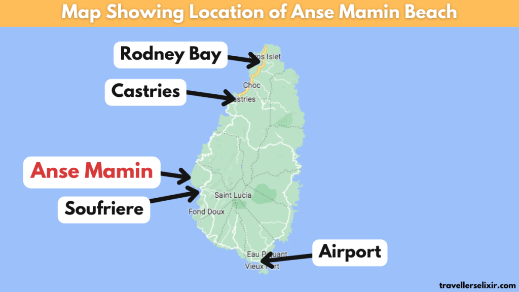 Map showing location of Anse Mamin Beach.