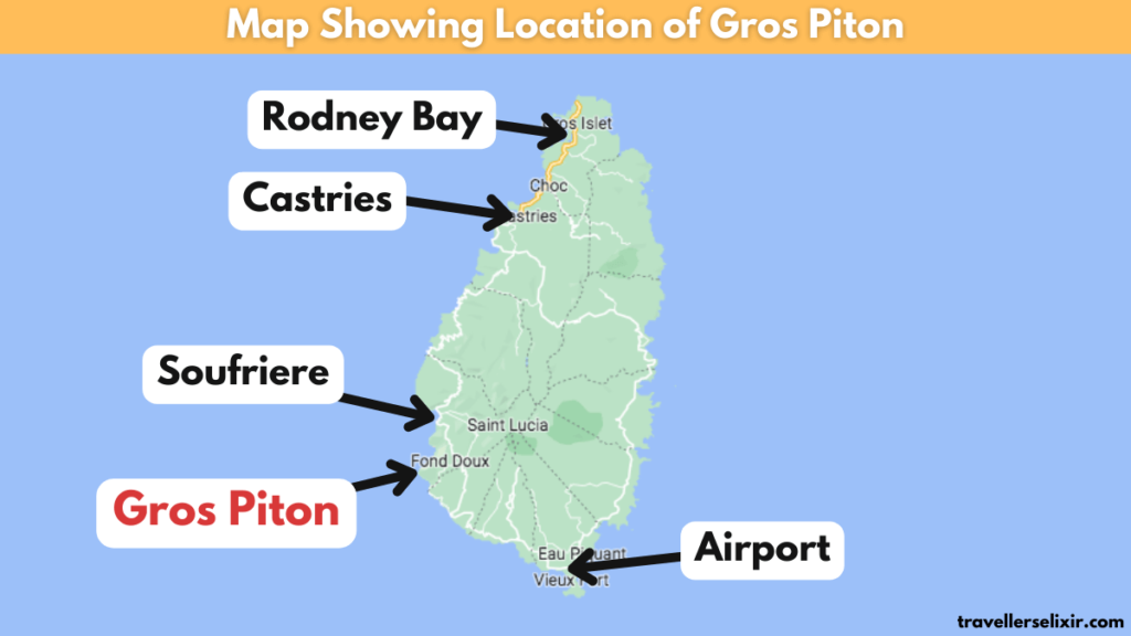Map showing location of Gros Piton in St Lucia.