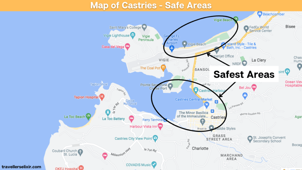 Map of Castries, St Lucia showing the safest areas.