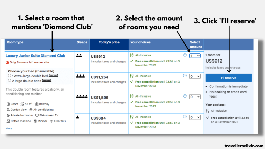Screenshot taken from booking.com to show how to reserve a Diamond Club room.