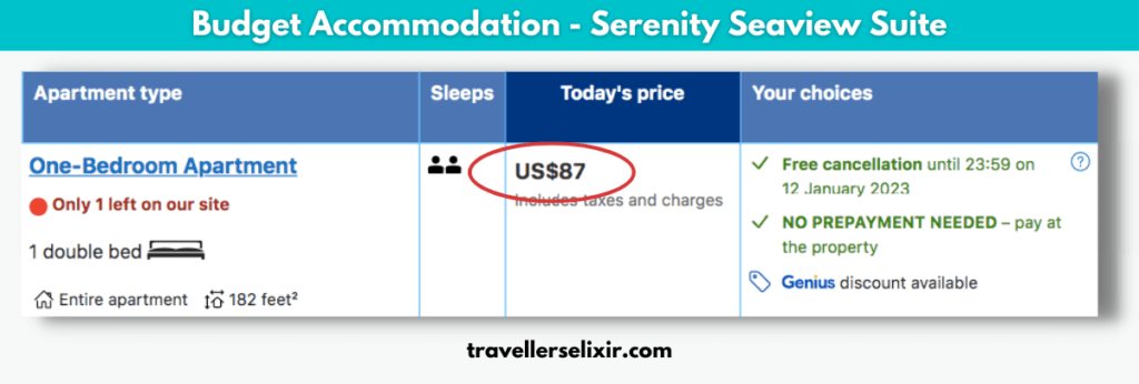 Price example for Serenity Seaview Suite taken from booking.com.