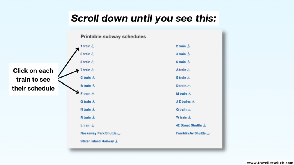 Screenshot from the MTA website showing where you can find the subway schedules.
