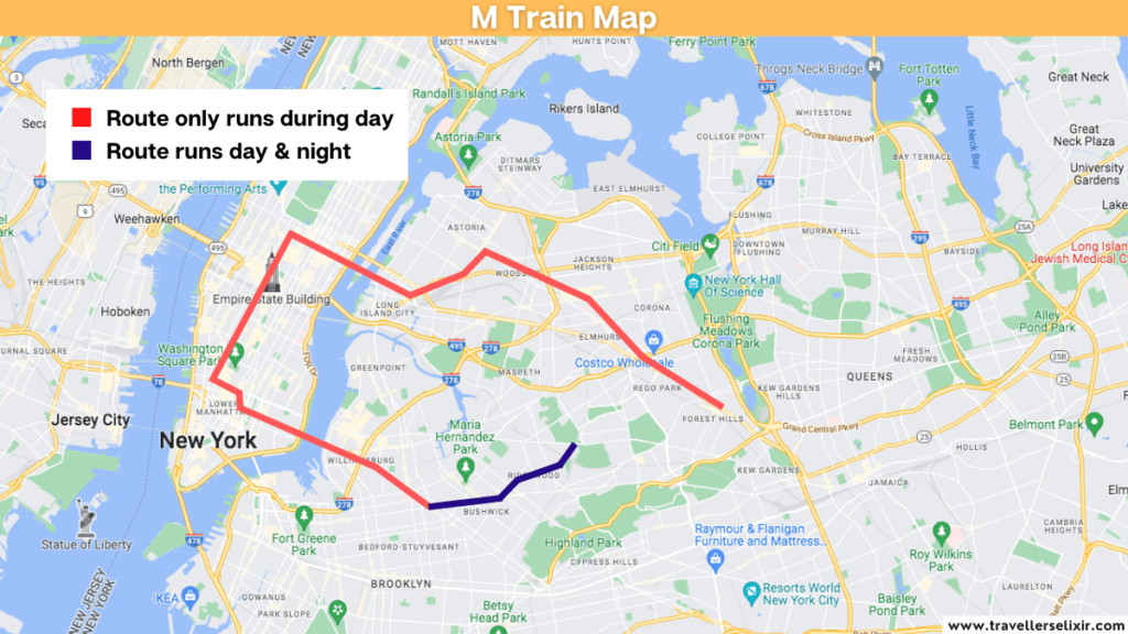 Map showing the route of the M train subway.