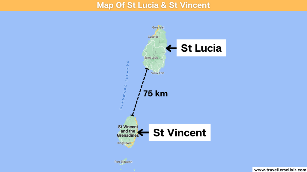 Map of St Lucia and St Vincent showing the distance between them.