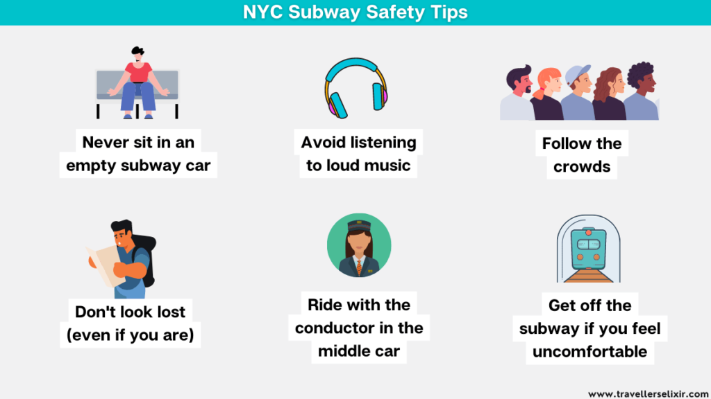 Graphic showing some NYC subway safety tips.
