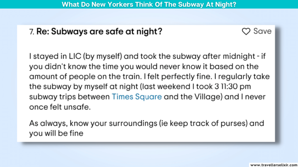 Screenshot of a comment from a Tripadvisor forum about subway safety at night.