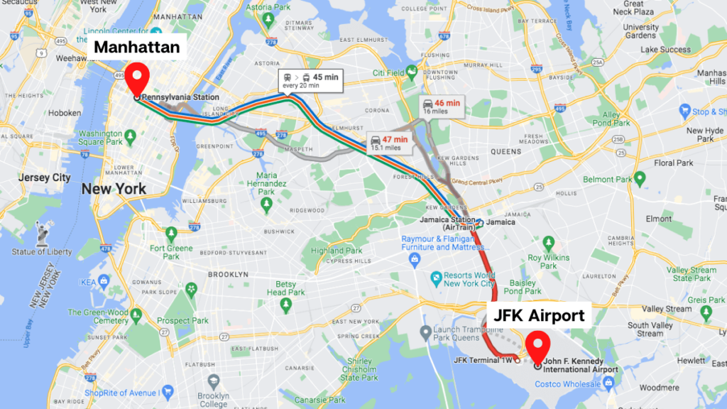 Map of New York showing the route from Manhattan to JFK Airport.
