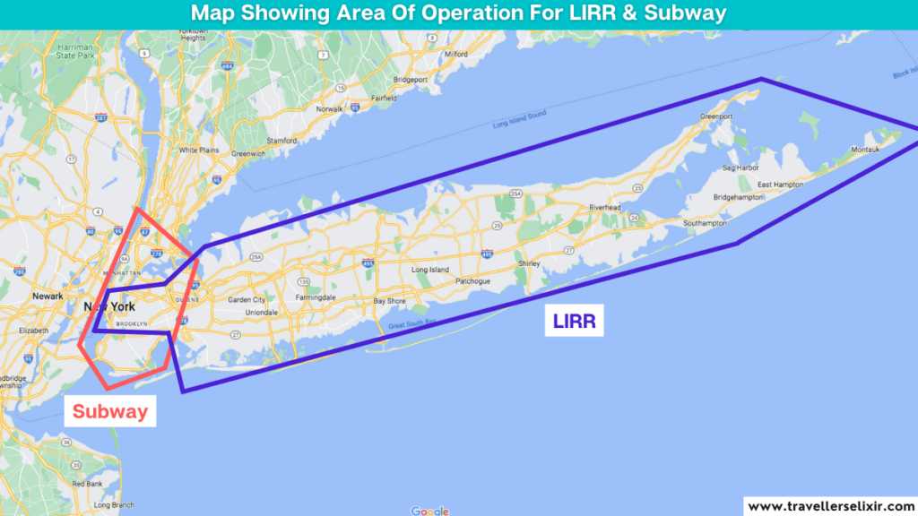 Map of New York showing the area of operation for the subway and the LIRR.