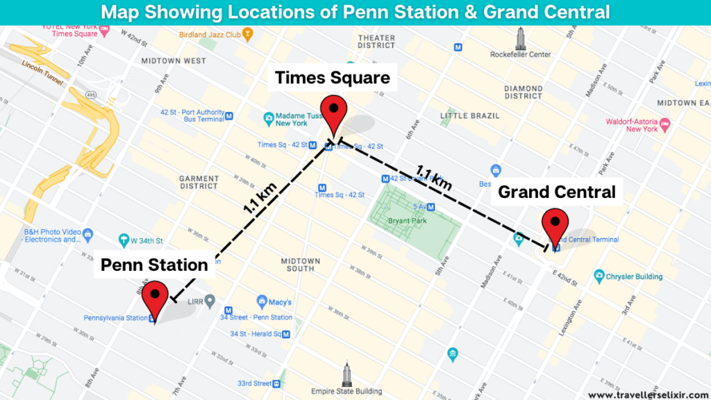 New York City map showing the locations of Penn Station and Grand Central including their distance from Times Square.