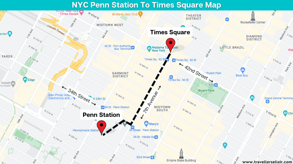 Penn Station to Times Square map showing the walking route.