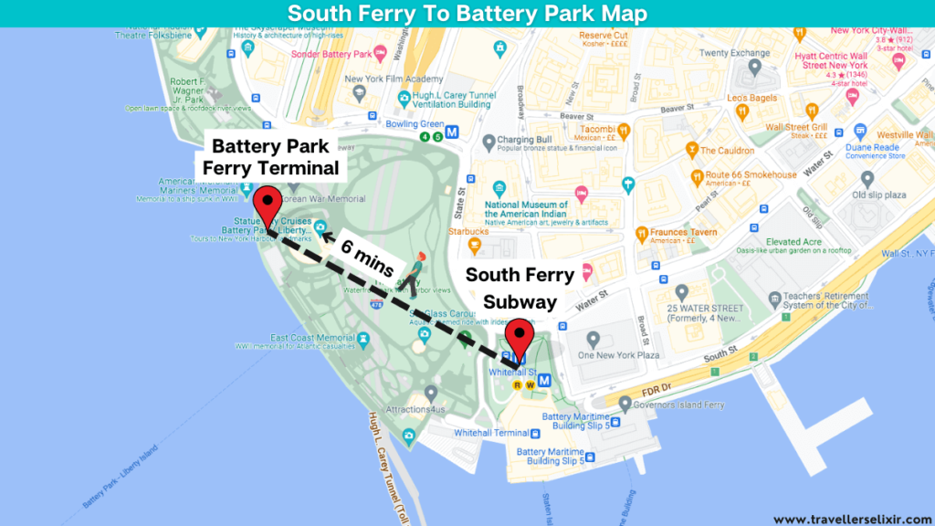 Map showing the route from South Ferry subway station to the Battery Park Ferry Terminal.