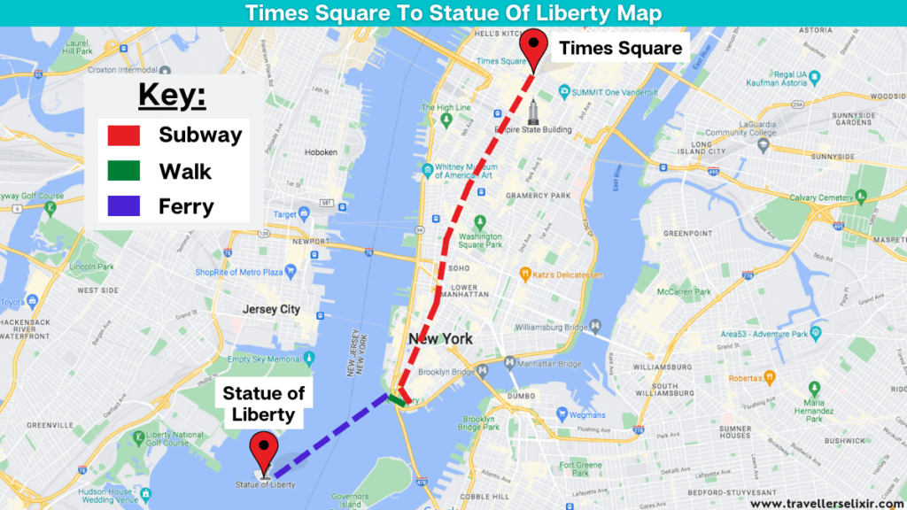 Times Square to the Statue of Liberty map.