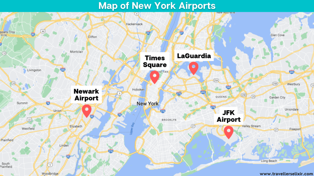 Map showing locations of New York's 3 airports and Times Square.