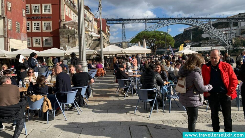 People eating outside in Porto in January.