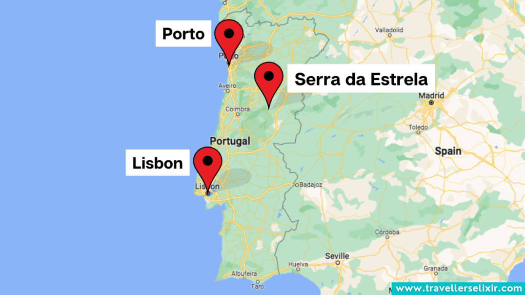 Map showing the location of Serra da Estrela in Portugal.