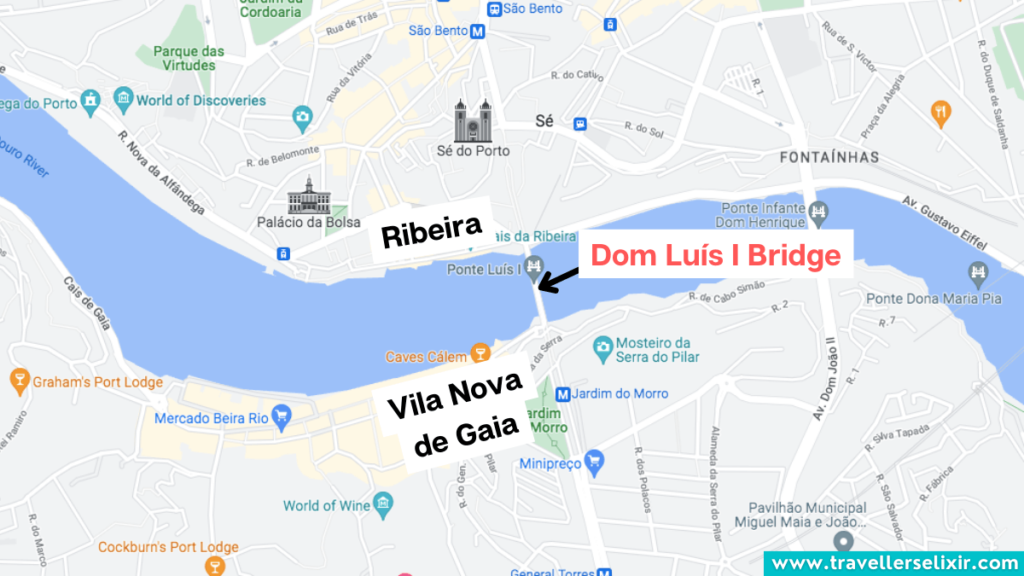 Map showing the location of the Dom Luís I Bridge in Porto.
