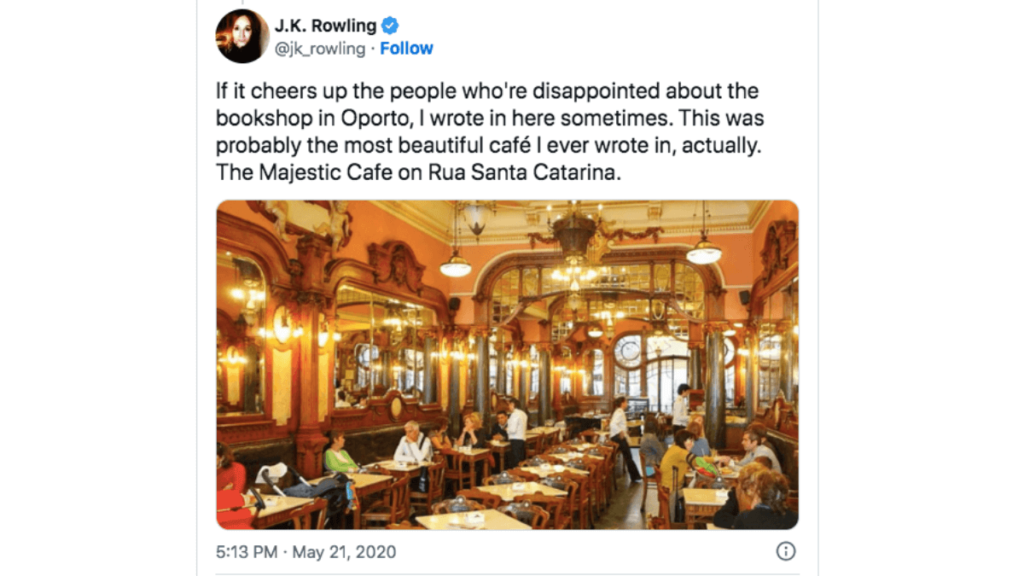 Tweet from J. K. Rowling confirmed she visited Café Majestic to write Harry Potter.