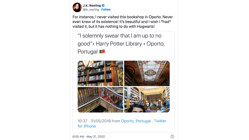 Tweet from J.K. Rowling confirming that she never visited Livraria Lello in Porto.