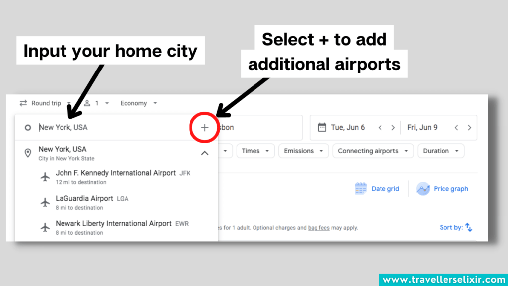 Image showing how to add multiple departure airports on Google Flights.