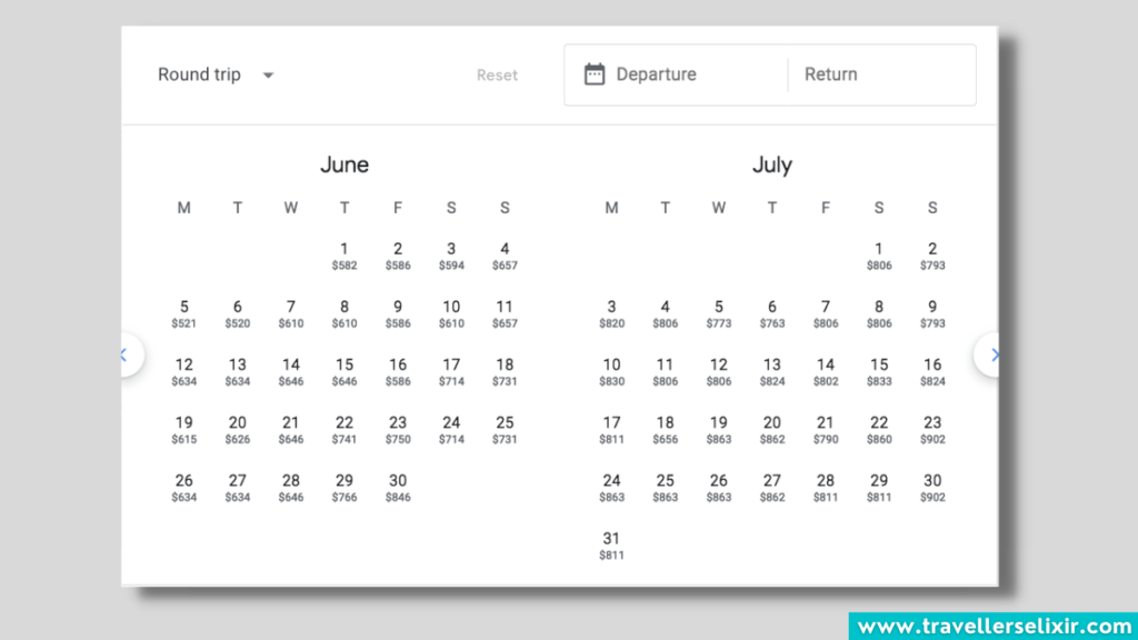 Image showing the date view on Google Flights.