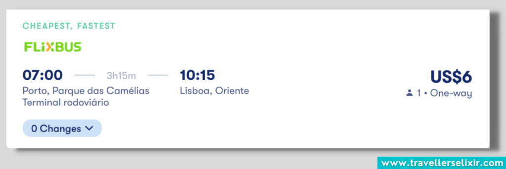 Bus ticket from Porto to Lisbon which costs $6.