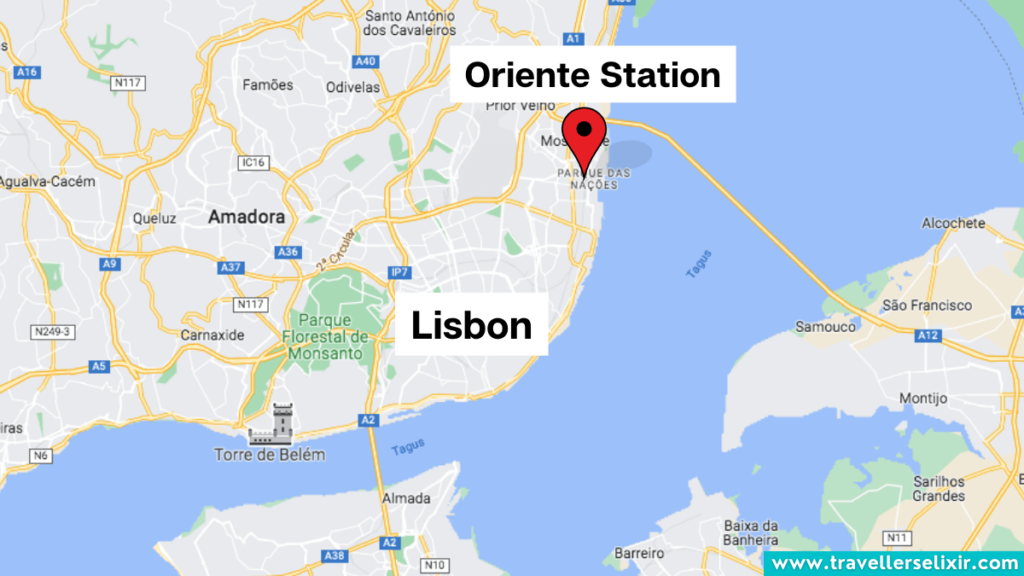Map showing the location of Oriente Station in relation to Lisbon.