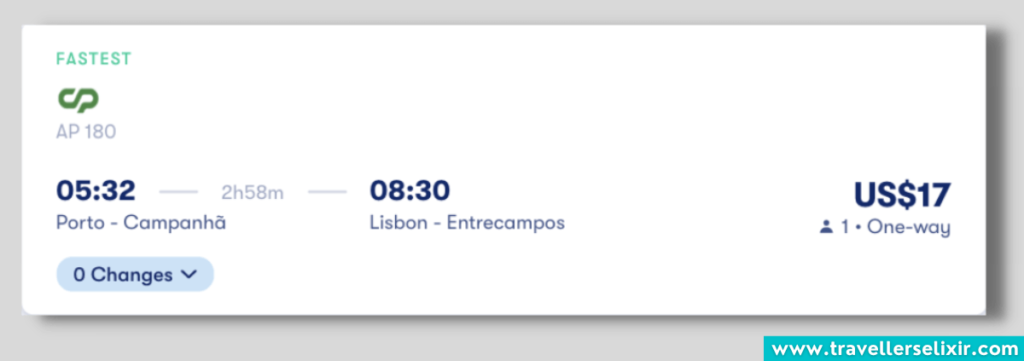 Train ticket from Porto to Lisbon costing $17.