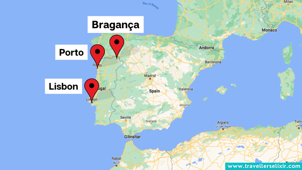 Map showing the location of Bragança in Portugal.