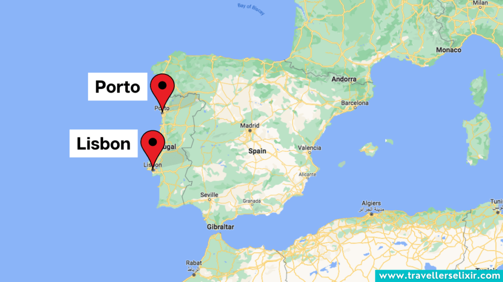 Map showing the locations of Porto and Lisbon in Portugal.