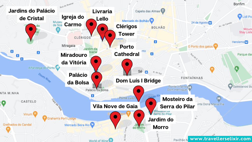 Map of Porto showing where all the main attractions are located.