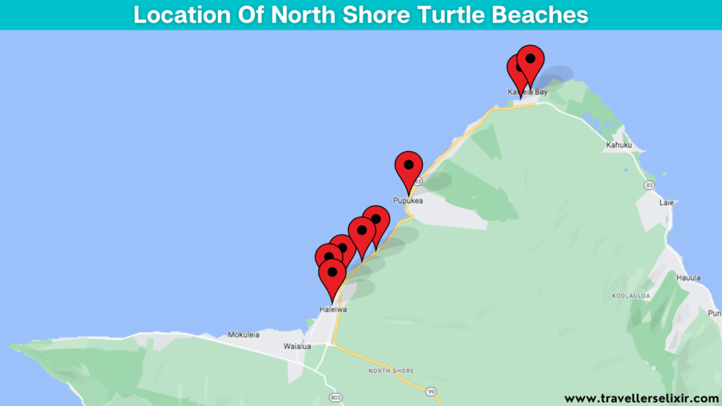 Map showing the location of all the Oahu North Shore turtle beaches.