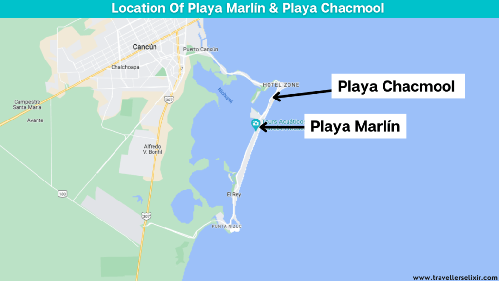 Map showing the location of Playa Marlín and Playa Chacmool in Cancun, Mexico.