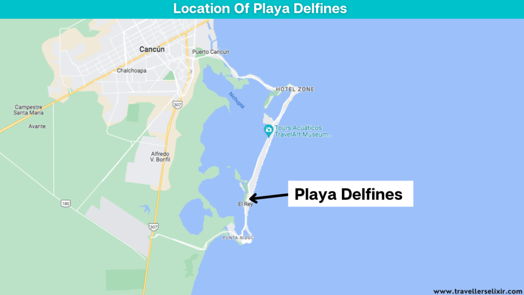 Map showing the location of Playa Delfines in Cancun, Mexico.