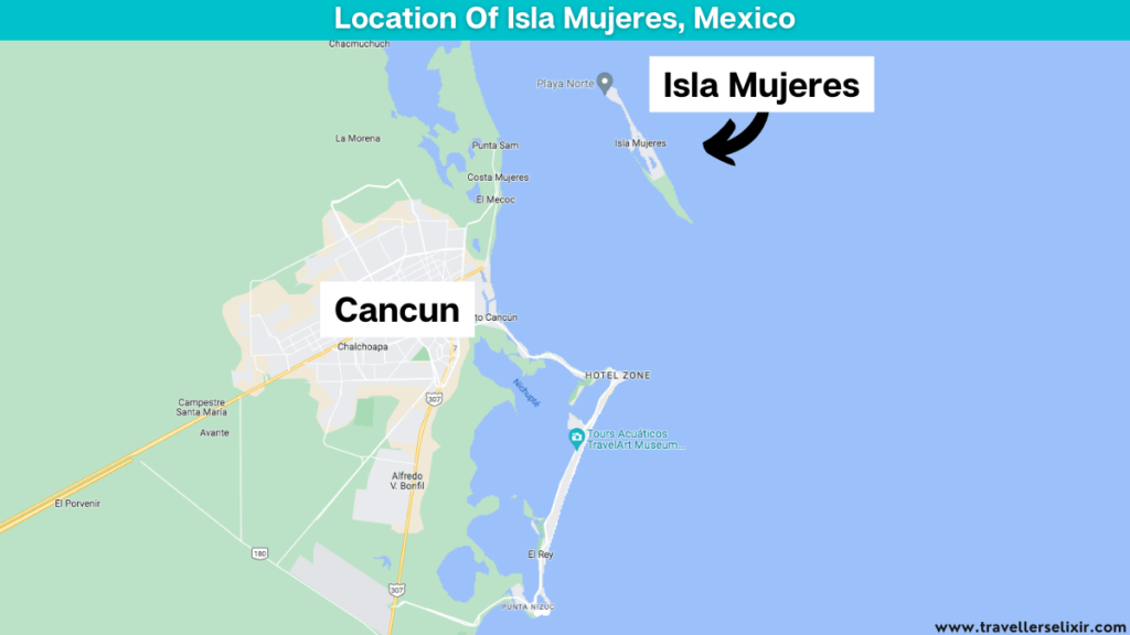 Map showing to location of Isla Mujeres in Cancun, Mexico.