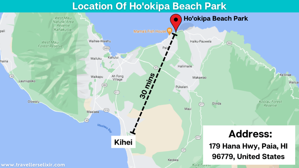 Map showing the location of Ho'okipa Beach Park.
