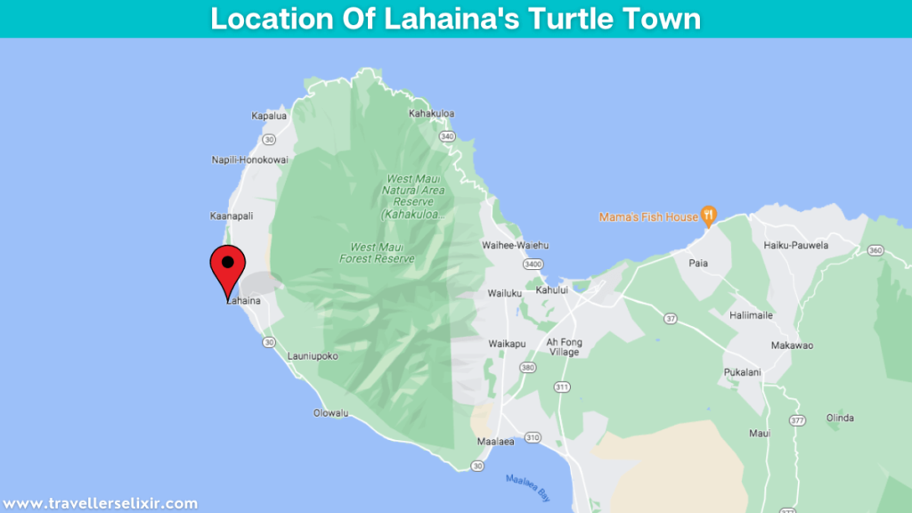 Map showing the location of Lahaina's Turtle Town.