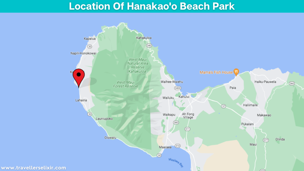 Map showing the location of Hanakao'o Beach Park.