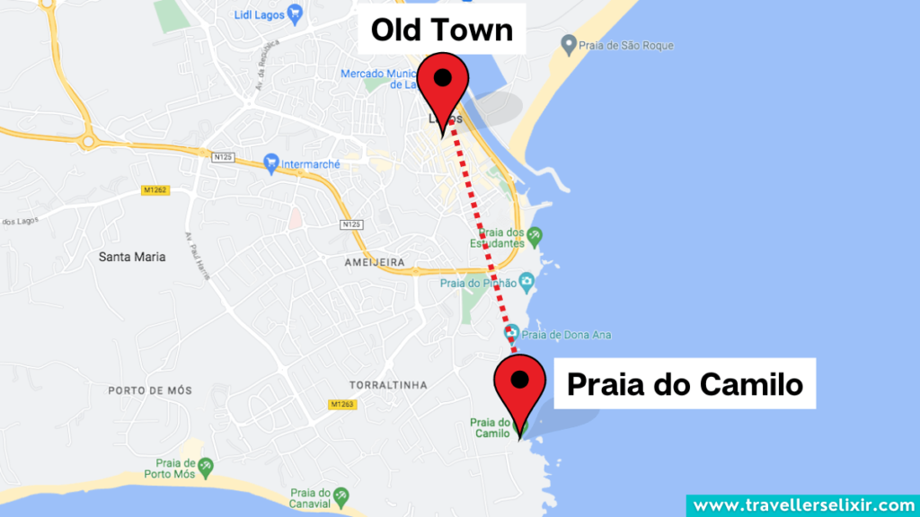 Map showing the location of Praia do Camilo in Lagos, Portugal.